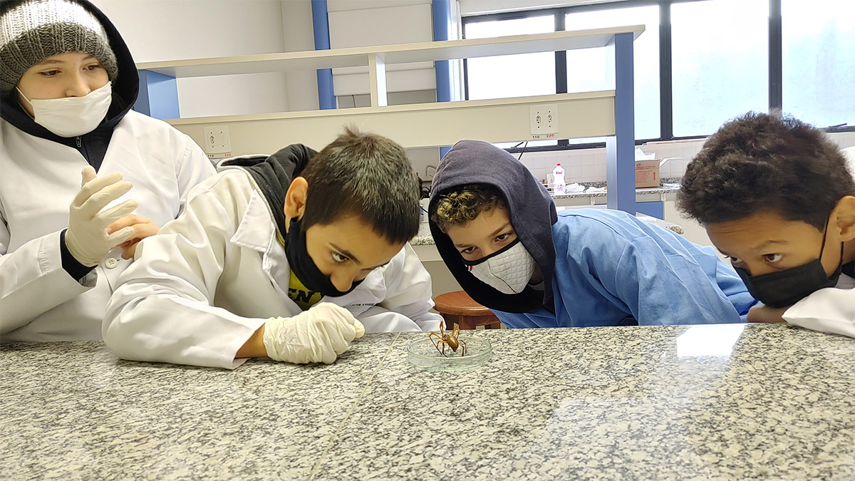 Foto de 4 alunos em laboratório